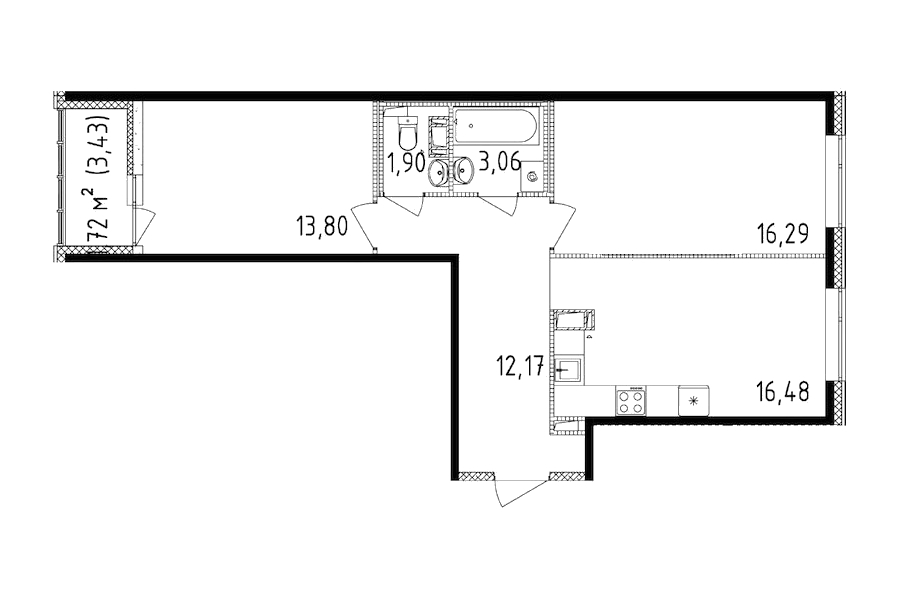 2-комнатная квартира 63.7 м², 14/14 эт., ЖК «Чёрная речка»